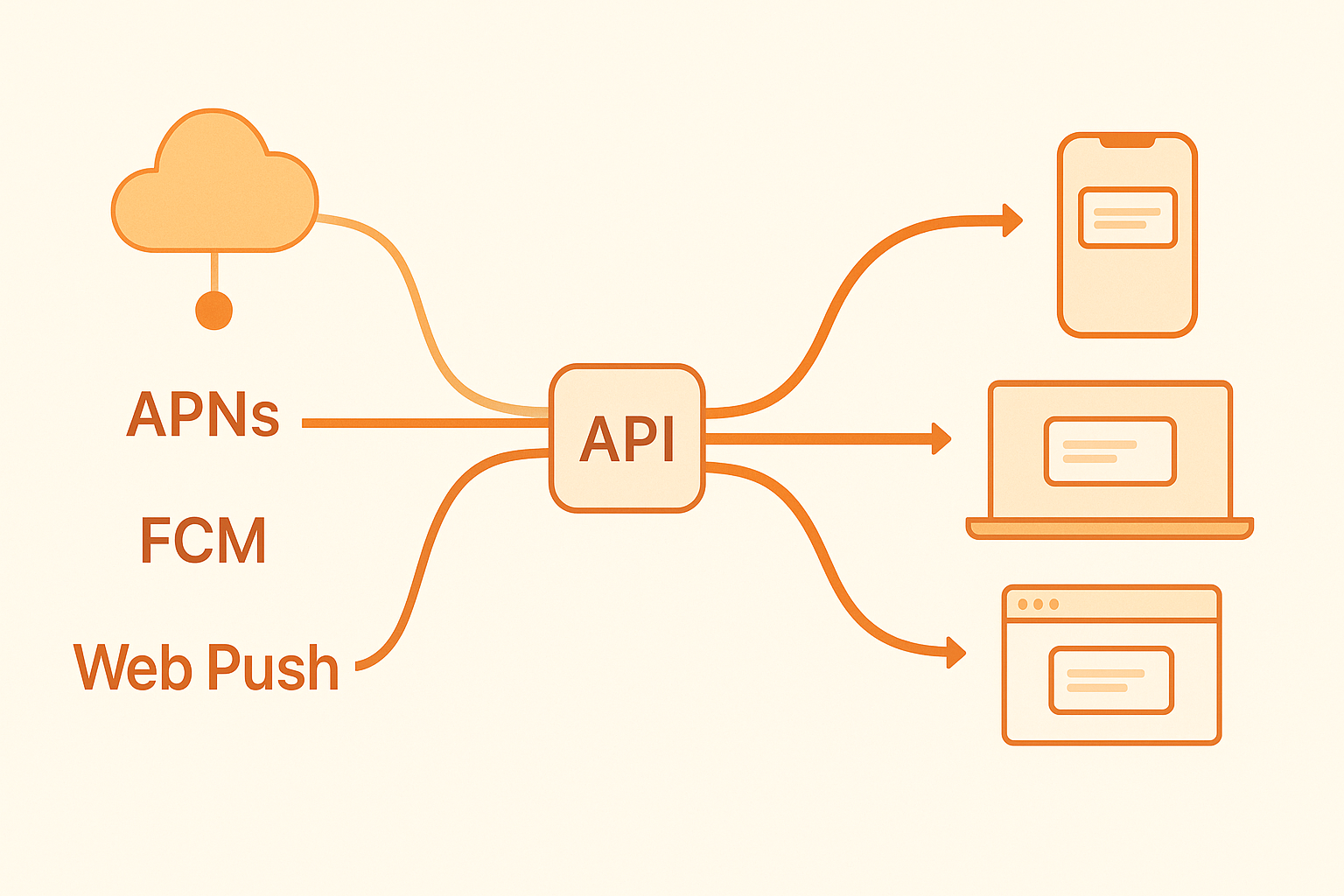 複数の通知経路がエッジ上の 1 つのゲートウェイに集まり、各デバイスへ配信される様子を描いた抽象的なテックビジュアル