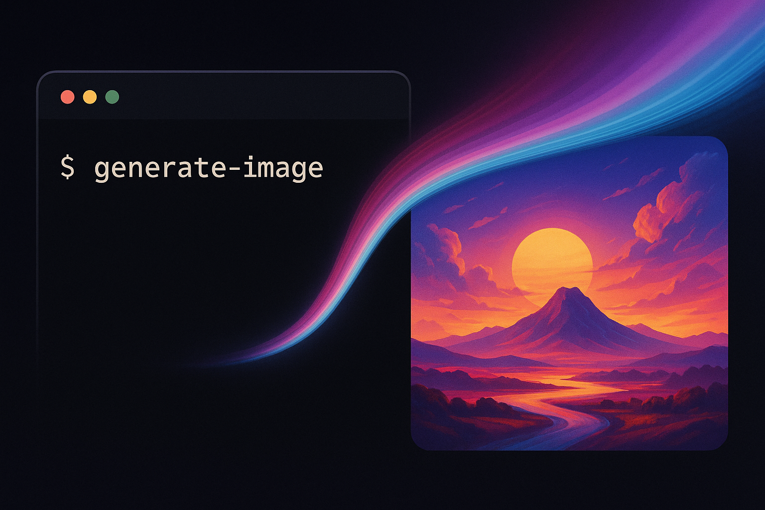 ターミナルのコマンド操作から鮮やかな生成画像が立ち上がる様子を描いた、CLIベースの画像生成をイメージしたテックビジュアル
