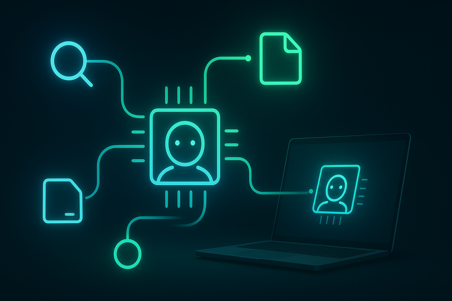 ローカルAIエージェントのツール連携を表した抽象的なテックビジュアル