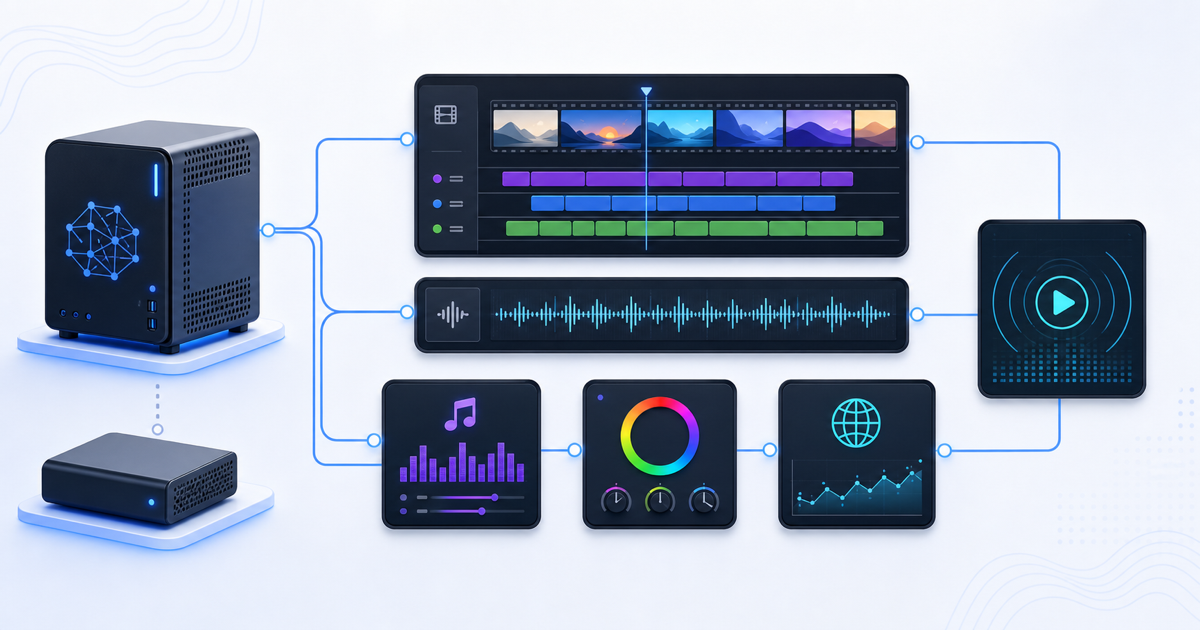 ローカルAIによる動画タイムライン、音声波形、BGM、LUT、HLS配信を抽象的に表したプライバシー安全なテックビジュアル