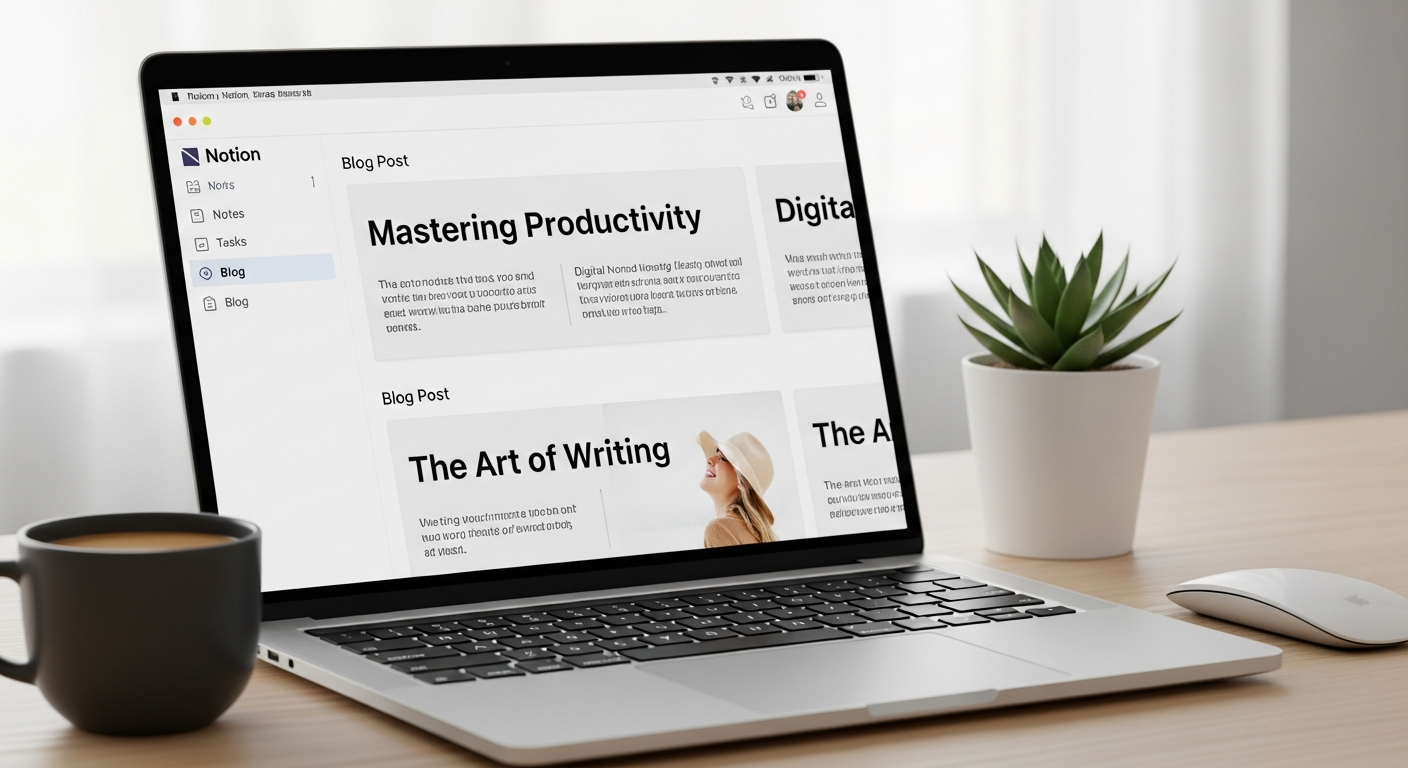 Notion app interface on laptop screen with blog posts visible, clean minimal workspace