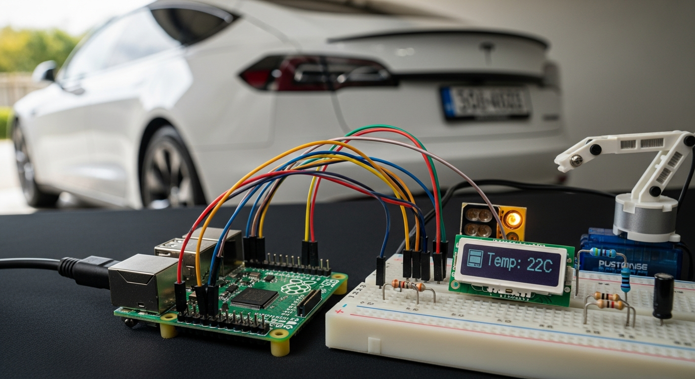 Raspberry Pi Zero connected to electronics with Tesla car in background, DIY tech project