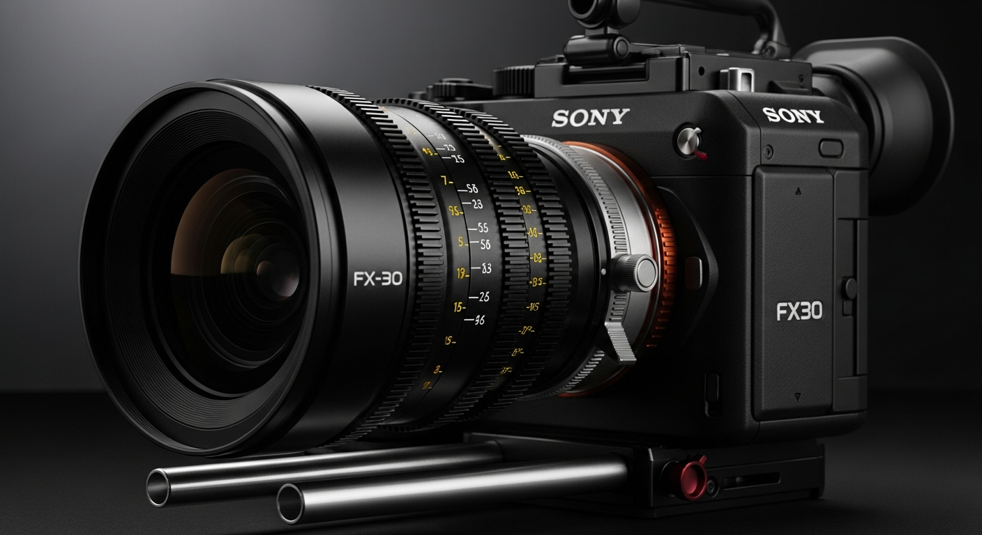 Sony FX30 cinema camera with cine lens attached, dramatic side lighting product photography