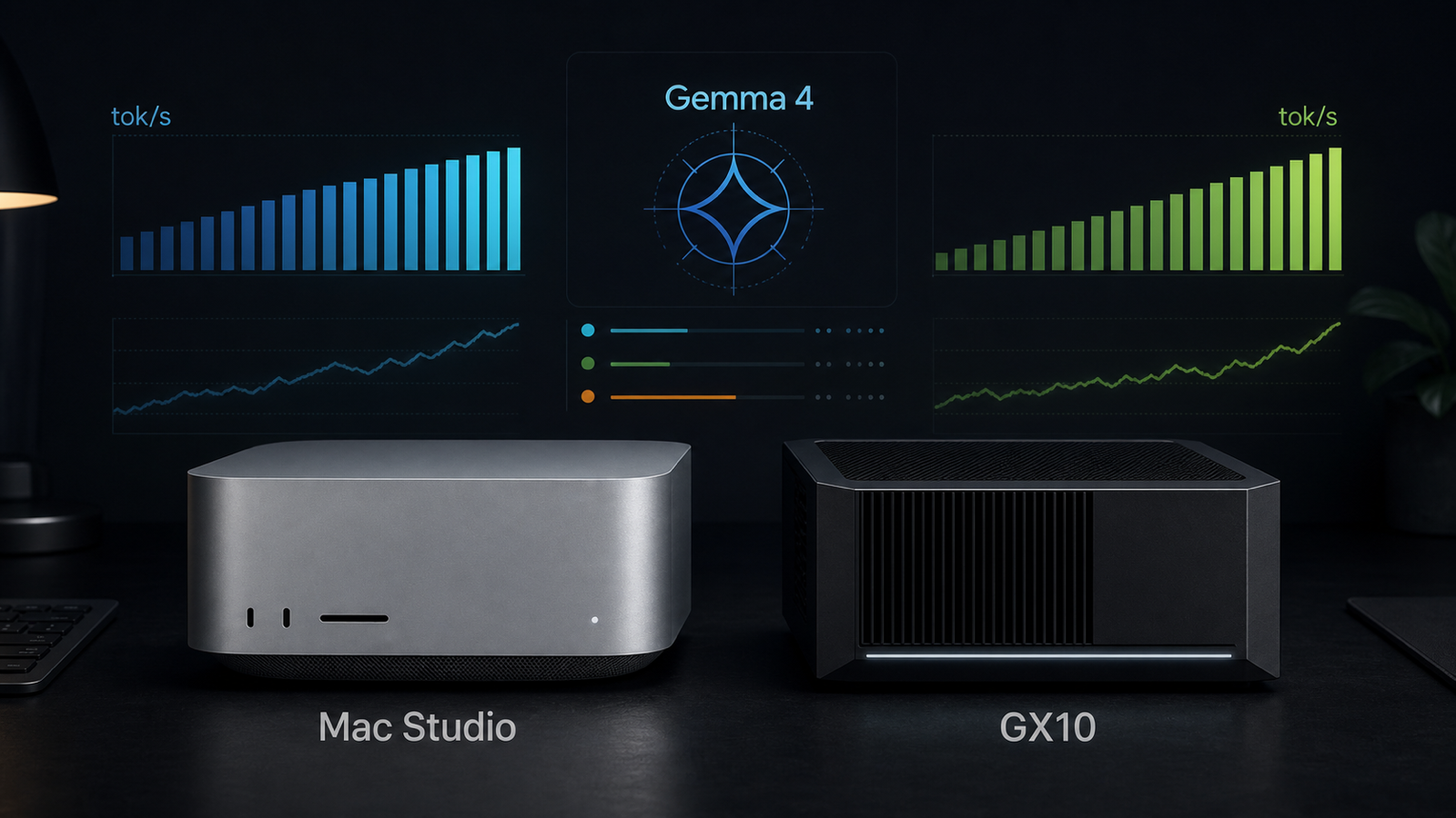 Mac StudioとGX10のローカルLLMベンチマークを抽象的に表したテックビジュアル