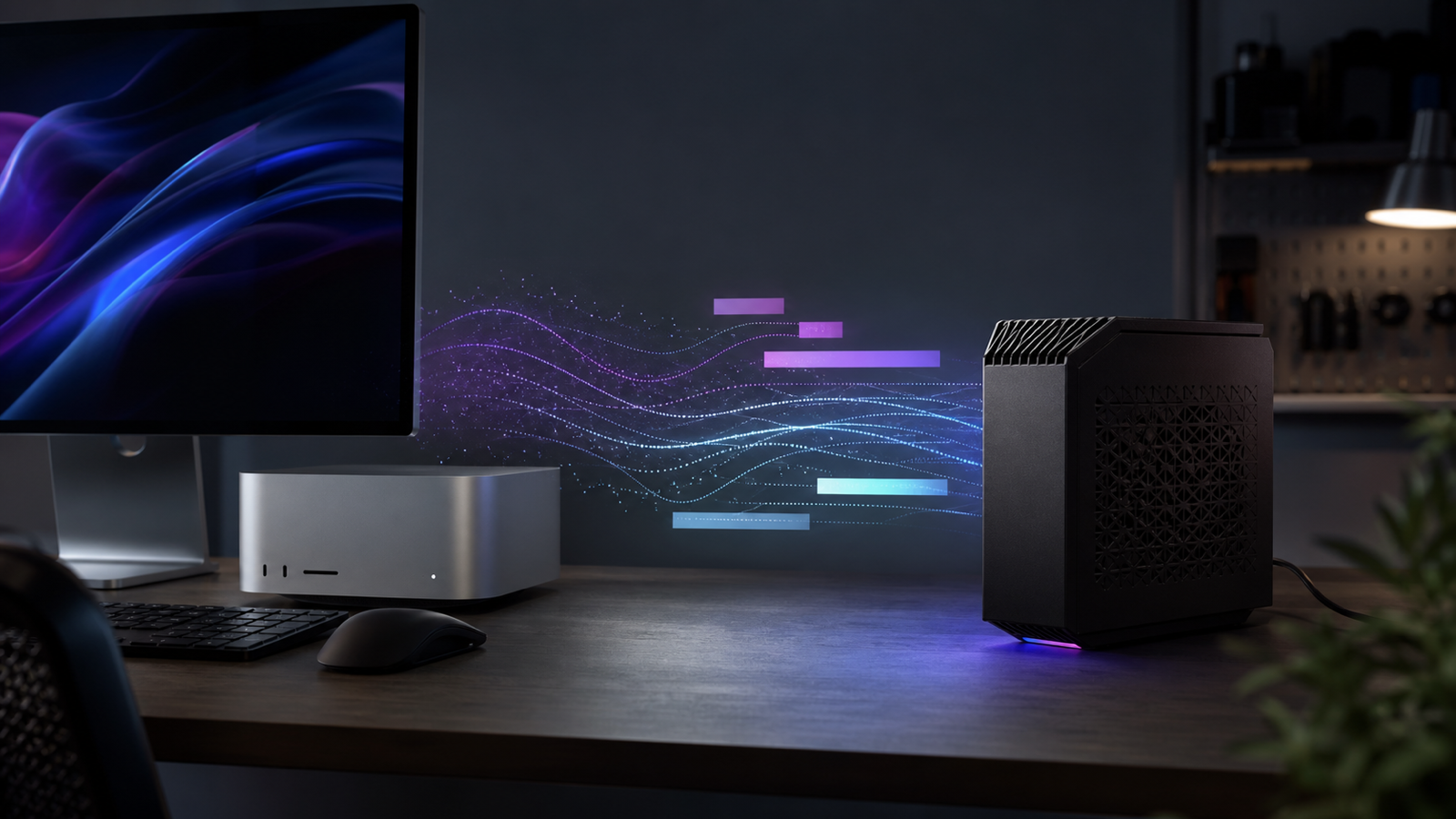 Mac StudioとGX10のローカルLLM比較を抽象的に表したテックビジュアル